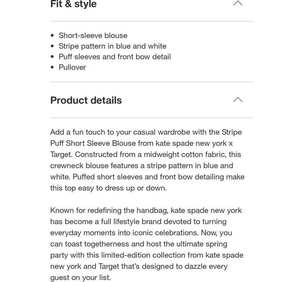 New! Kate Spade x Target Size Small Stripe Puff Short Sleeve Blouse Shirt Blue S - Picture 5 of 7